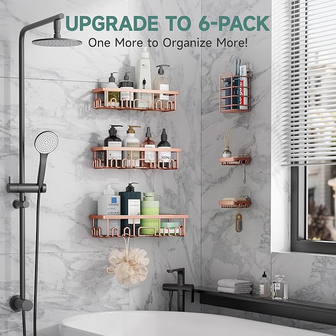Veken Shower Caddy 6-Pack, No Drilling & Rustproof, Waterproof Adhesive Shelves Rack with Soap Holder, Large Capacity Bathroom Organizers and Storage, Wall-Mounted Kitchen & Home Decor, Rose Gold