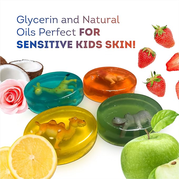 4 Soap Bars for Kids with Funny Animals Surprise Inside - Collect All 12 Wild Animals Toys - Moisturizing Children's Skin - Lemon, Strawberry, Green Apple, and Rose - Handmade in USA Soap Set for Kids