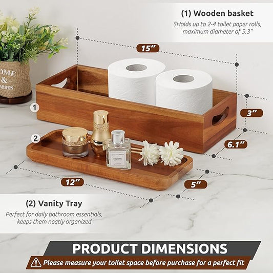 Handmade Toilet Tank Basket Topper & Vanity Tray Set of Natural Acacia Wood by DEMIGO, Created by Skilled Artisans, Smooth, Durable, Attractive Decor for Bathroom, Kitchen, Home, Spa