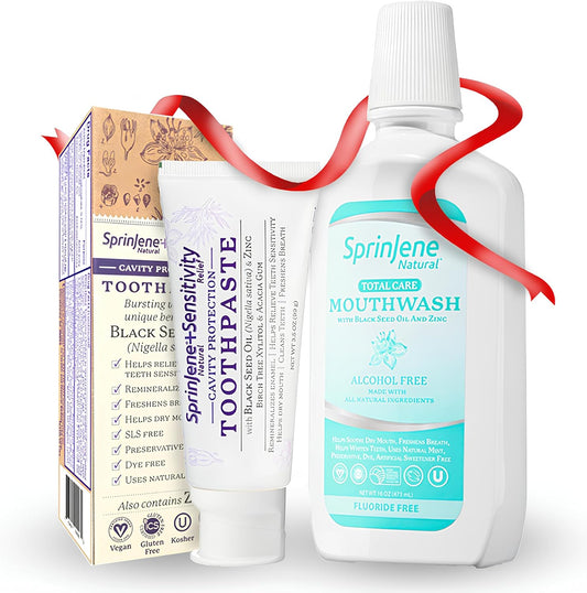SprinJene Natural Sensitivity Relief, Fluoride Toothpaste for Sensitive Teeth (1 Pack) + Fluoride Free & Alcohol Free Mouthwash