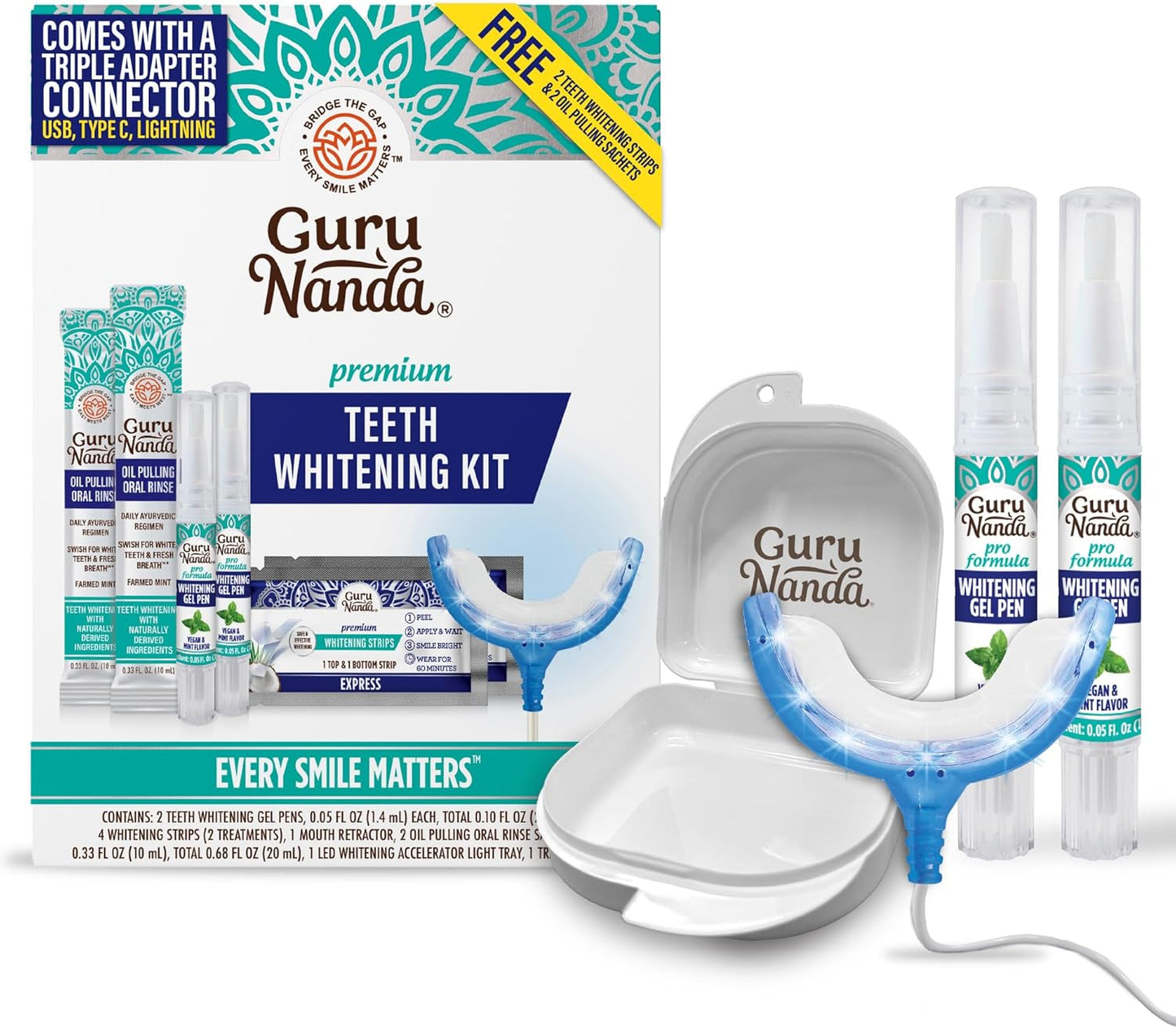 GuruNanda Premium Teeth Whitening Kit with Wired LED Light & Whitening Pen, Works with iPhone & Android, Helps Remove Surface Stains from Coffee, Food, Soda