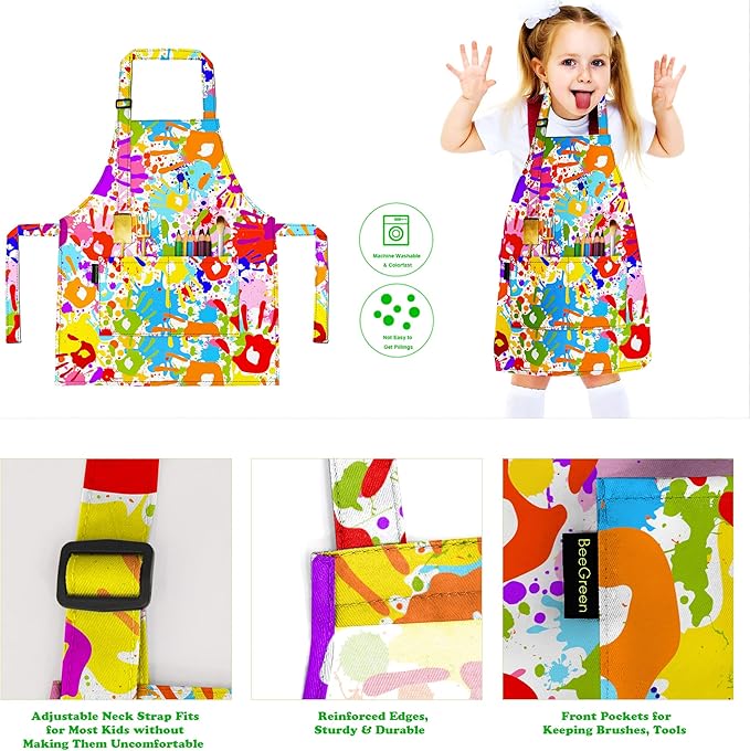 BeeGreen Kids Cooking Aprons w Adjustable Strap Kitchen Aprons w Front Pocket for Kids Toddler Painting Baking Artist
