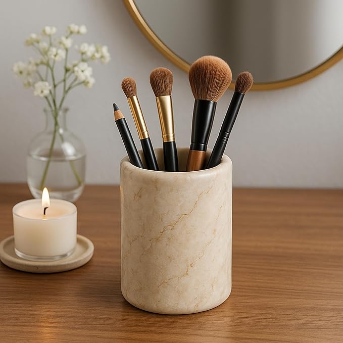 Creative Home Natural Champagne Marble Tumbler Solid Stone Toothbrush Holder Cup Bathroom Vanity Makeup Brush Pen Organizer Handcrafted Heavyweight, 3.5 Diam. x 4.5 H Inch
