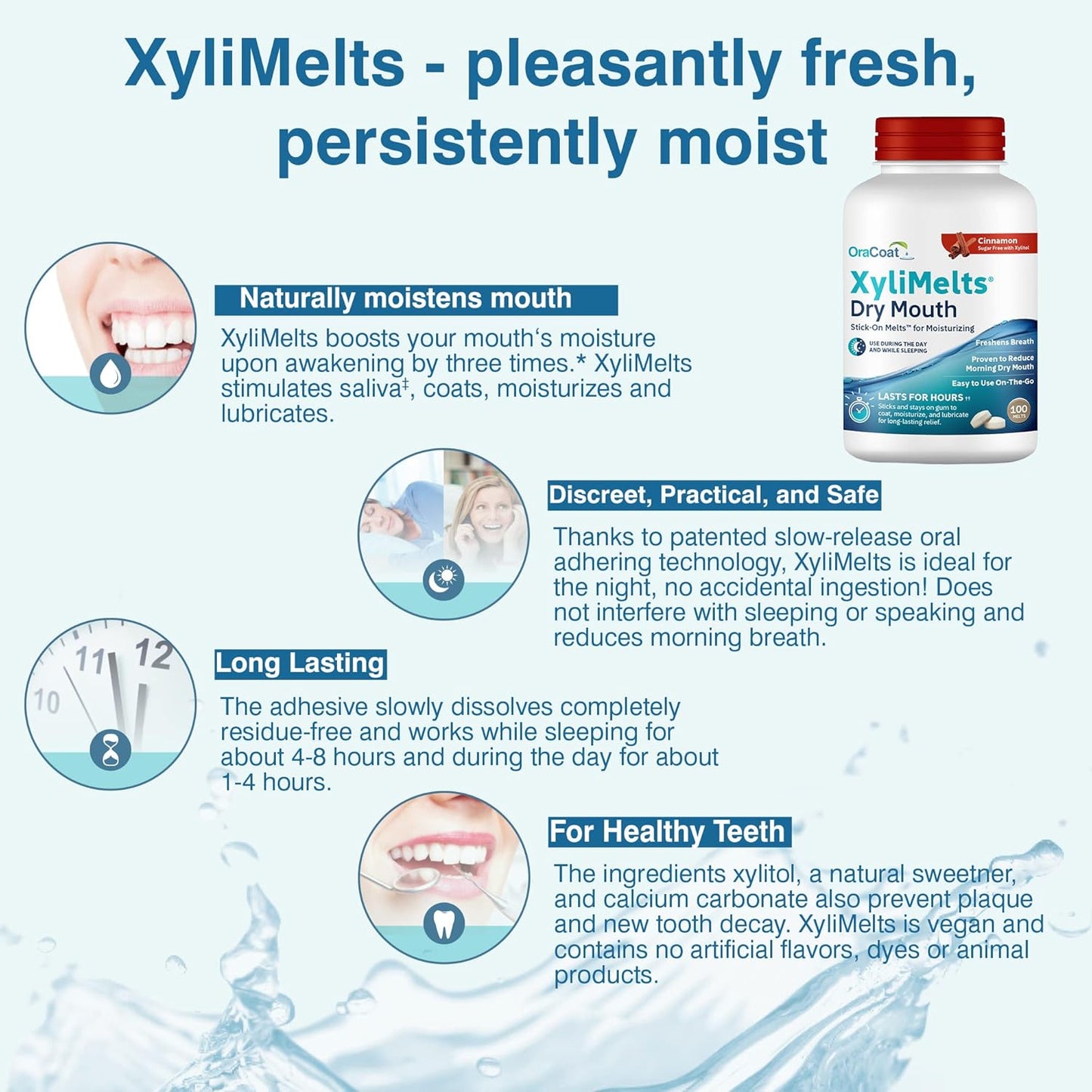 Oracoat XyliMelts for Dry Mouth Night Time or Day - Moisturizing Dry Mouth Adhering Discs, Sugar Free with Xylitol, 100 Count, Cinnamon, 8-Hour Relief