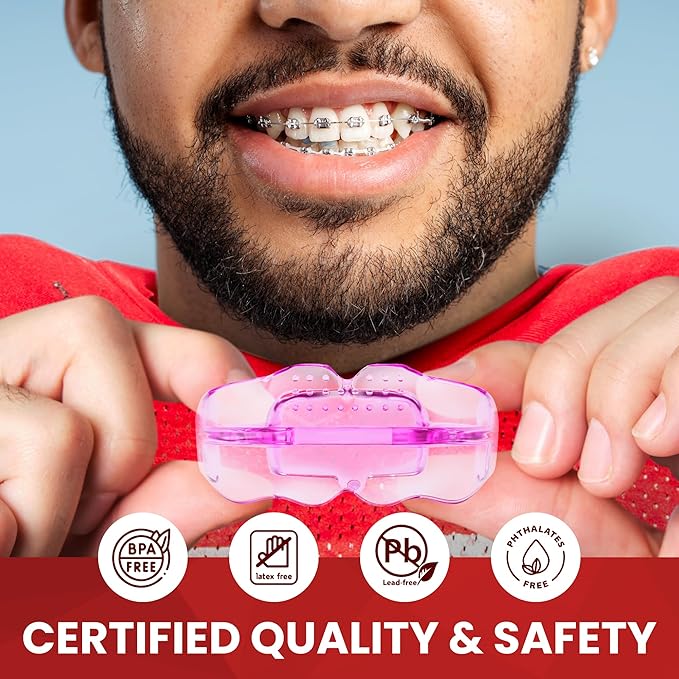 SafeGrin Pink Mouth Guard for Braces for Sports - Premium Silicone Teens & Youth Upper & Lower Teeth Protection for Sports - Football, Lacrosse, Hockey, Baseball