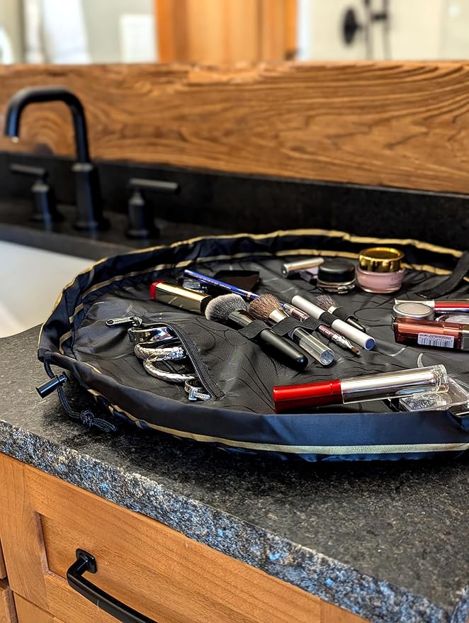 Lay-n-Go Cosmo Drawstring Cosmetic & Makeup Bag Organizer - Portable Drawstring Makeup Bag w/Zipper Pocket, Makeup Loops & More - Durable, Machine Washable Toiletry Bag (20", Black & Gold)