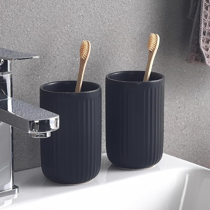 Matte Black Toothbrush Holders for Bathrooms - Ceramic Toothbrush Toothpaste Holders Set, Black Bathroom Tumbler Cups Reusable Toothbrush Cup Black Mouthwash Cup, Bathroom Counter Organizer.