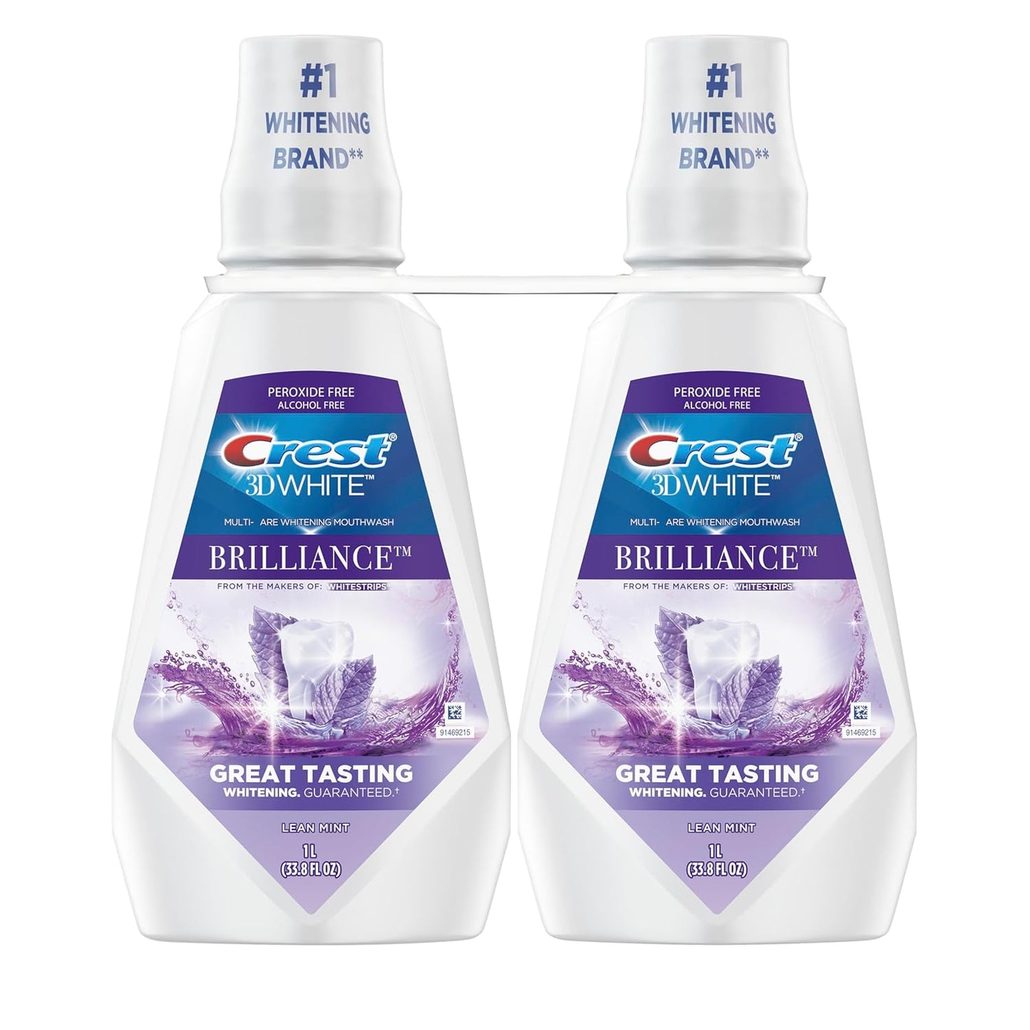 Crest Mouthwash/Mouth Rinse, 3D White Brilliance Whitening, Alcohol Free, Clean Mint, 2x1L (33.8 fl oz)