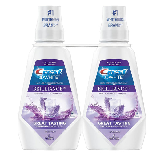 Crest Mouthwash/Mouth Rinse, 3D White Brilliance Whitening, Alcohol Free, Clean Mint, 2x1L (33.8 fl oz)