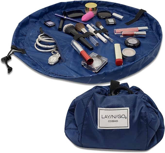Lay-n-Go Cosmo Layflat Drawstring Cosmetic & Makeup Bag Organizer w/Zipper Pocket, Brush Loops & More, Cinch to Close, Lay Flat to Use, Durable, Machine Wash, Travel Toiletry Bag (20", Navy)