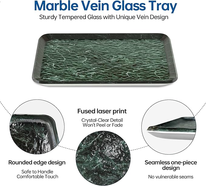 Vanity Decorative Tray, 12" x 8" Green Marble Pattern Perfume Tray, Bathroom & Countertop Organizer for Soap, Jewelry, Candle
