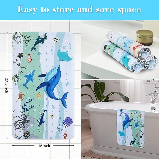 Bath Mat for Tub Non Slip, Machine Washable Anti-Slip Cartoon Baby Bathtub Shower Mat with Drain Holes and Suction Cups for Toddler & Kids (27.5 Inch x 16 Inch-Rectangular, Blue Dolphine)