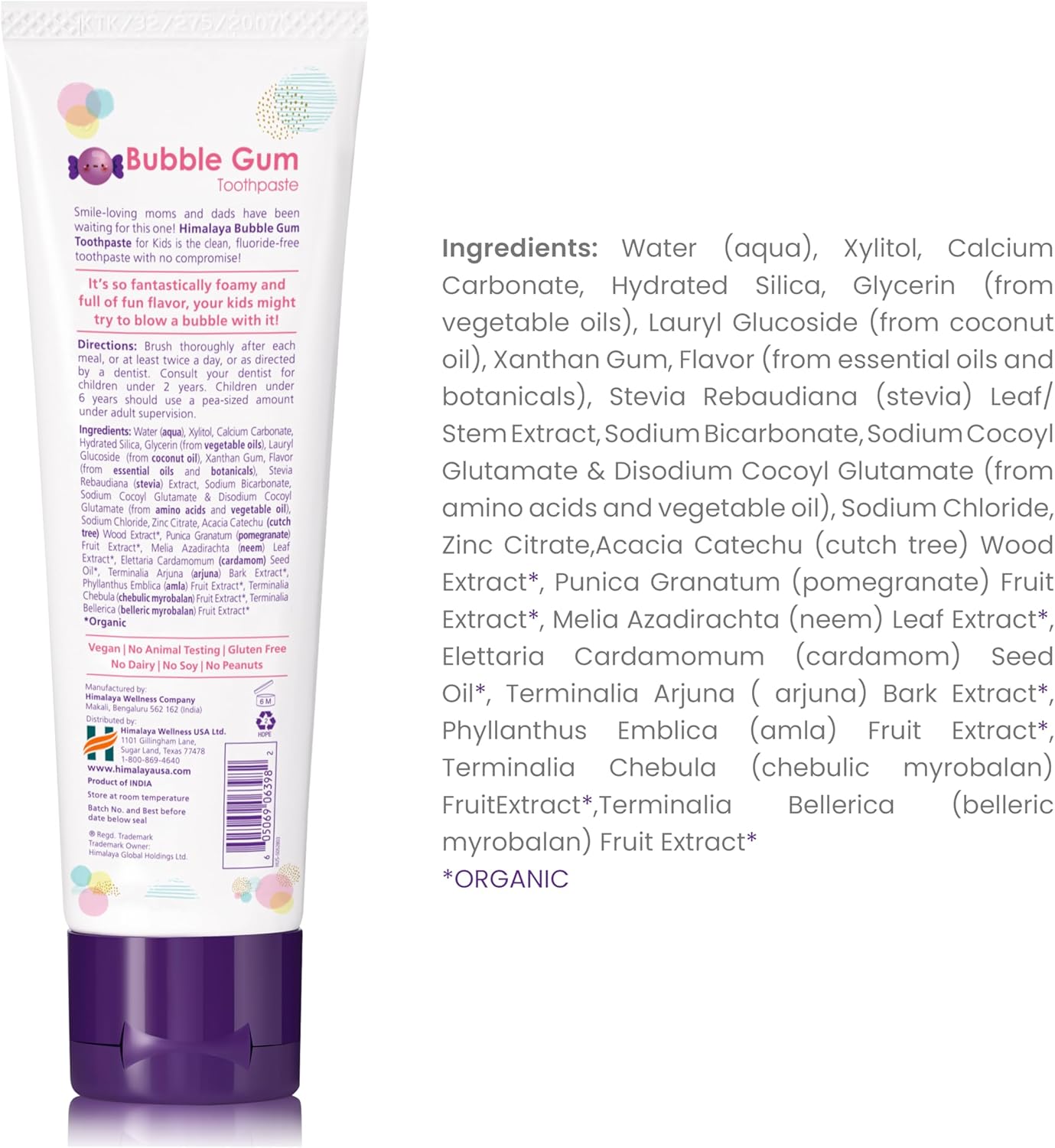 Himalaya Botanique Kids Toothpaste with Xylitol, Bubble Gum Flavor - Gentle Fluoride Free Toothpaste - Vegan, Gluten Free, SLS Free, No Artificial Flavors or Colors, 4 oz