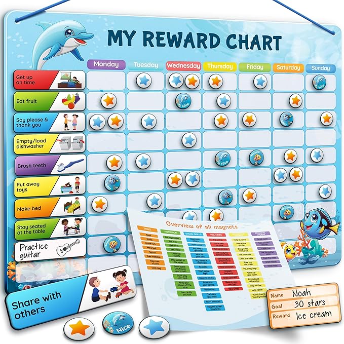 Magnetic Reward Chart for Kids with 280 Magnets - Behavior Chart for Kids at Home - Responsibility Reward Chart - Chore Chart - Visual Schedule - Ideal for Ages 3-9, Autism, ADHD - Blue