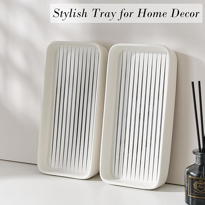 Bathroom Vanity Tray for Countertop,2PC Rectangle Striped Tray,Decorative Bathroom Organizer for Scrubber, Lotion Bottles, Perfume, Jewelry, Candle, Key Trinket Ring(Small,White)