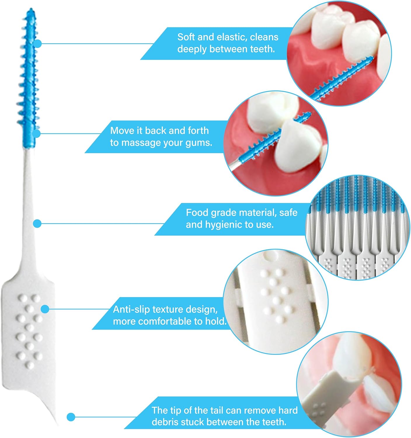 Dental Floss Picks Soft Silicone interdental Brush, Braces Brush, Floss Picks for Teeth, Disposable interdental Brush, Suitable for Cleaning Teeth Health (Blue, 160pcs)