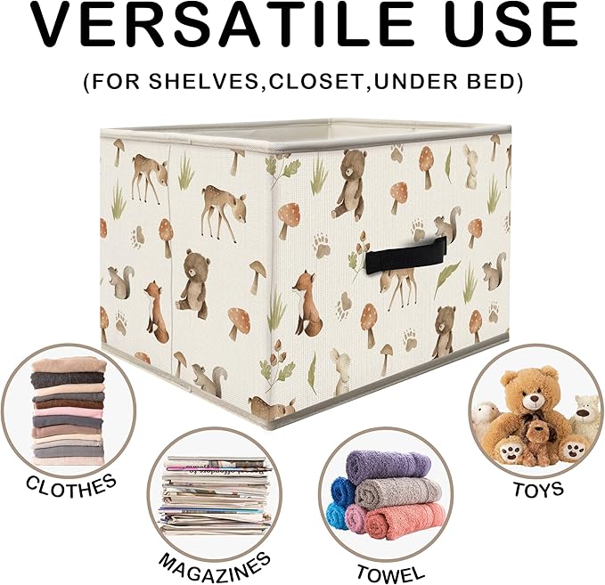 Nogrit Woodland Nursery Storage Bins Box, Toybox for Boys Girls, Forest Animal Mushroom Foldable Baskets Organizer Container with Handles for Bedroom Bathroom Kids Nursery Clothes Toys Books
