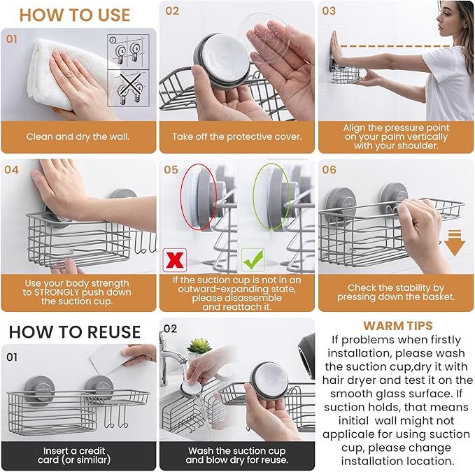 LEVERLOC Shower Caddy Suction Cup, 2 Pack Shelves for Inside with Hooks and Soap Holder, NO-Drilling Bathroom Holder, Rustproof Meatl Bathroom Organizer, Grey