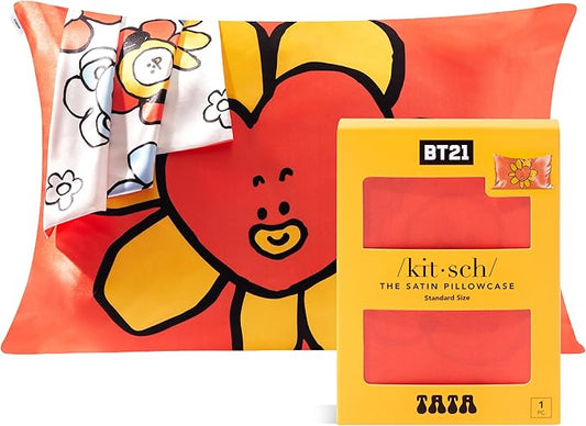 Kitsch x BT21 (Tata) Satin Pillowcase with Zipper for Hair & Skin - Softer Than Silk Pillow Cases, Smooth Cooling Pillow Cover, Wrinkle-Free, Machine Washable, Queen/Standard (19x26)