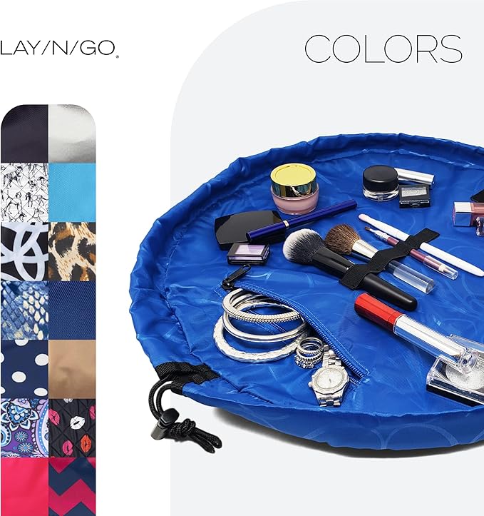 Lay-n-Go Cosmo Lay Flat Drawstring Cosmetic & Makeup Bag Organizer - Zipper Pocket, Brush Loops & Storage - Machine Washable, Toiletry Carrier for Travel, Cinch Closure, Gift (20", Sky Blue)