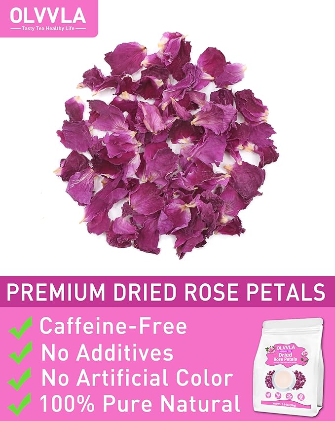 Olvvla - Dried Rose Petals - 0.91oz/26g - Premium Food Grade Dried Roses Edible Flowers - Perfect for Edible Rose Petal Tea, Decorations, Baking, Making Rose Water