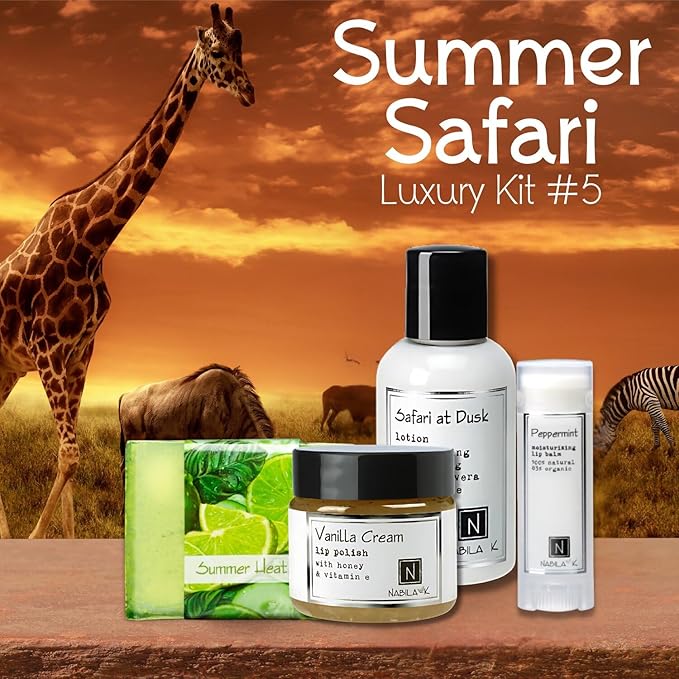 Nabila K Summer Safari Gift Set – Includes Summer Heat Soap, Safari at Dusk Body Lotion, Vanilla Cream Lip Polish & Peppermint Lip Balm – Luxury Bath & Body Kit for Women & Men – Ready-to-Gift Spa Box