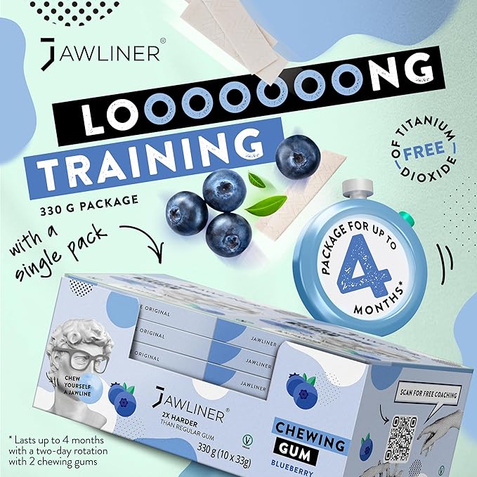 Jawliner® Hard Jwaline Chewing Gum - Sugar Free Blueberry Tough Jaw Gum - Jaw Exerciser Strong Mewing Jawline Mistic Gum - 2x Harder than Regular Chewing Gum 130 Grams (48 Strips)
