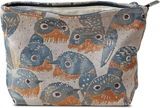 HAPPYHEIDI Cute Canvas Makeup Bag Cosmetic Toiletry Travel Pouch Car Handbag Organizer, Jacquard Golden Hirundo Rustica, Creamy Beige