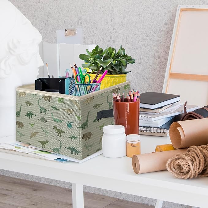 Dinosaur Foldable Storage Bins Box with Handles, Vintage Gray Striped Dinosaurs Collapsible Toys Books Clothes Organizer Basket for Kids Boys Bedroom Bathroom Dorm Nursery