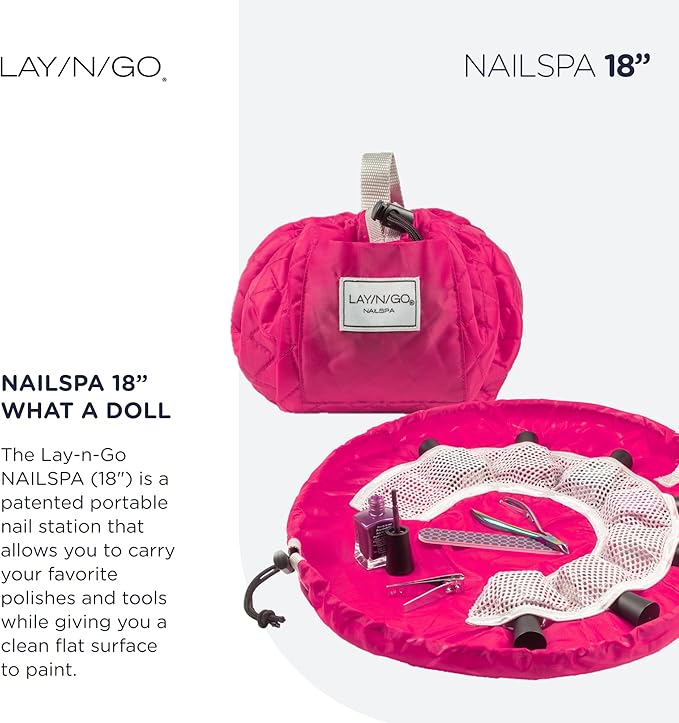 Lay-n-Go NailSpa 18″ Portable Nail Station Supplies & Cosmetic Lay Flat Organizer Bag— Travel Manicure Kit w/Mesh Pockets & Machine Washable (Pink)