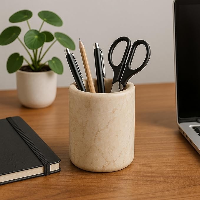 Creative Home Natural Champagne Marble Tumbler Solid Stone Toothbrush Holder Cup Bathroom Vanity Makeup Brush Pen Organizer Handcrafted Heavyweight, 3.5 Diam. x 4.5 H Inch