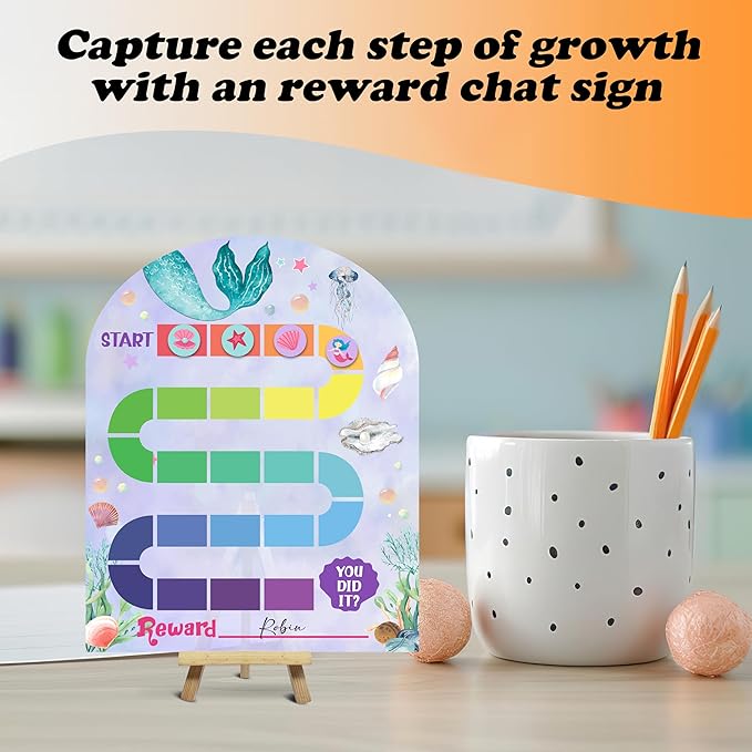 Mermaid Theme Reward Wooden Chart, Behavior Reward Charts, Incentive Responsibility Chart for Girls Kids Toddlers Chore Homework Good Habits Assignments Attendance, 03