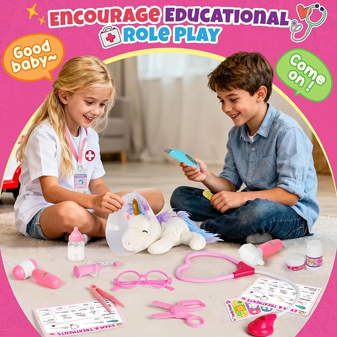 Alritz Unicorn Doctor Kit for Girls - Pretend Play Toys with Stethoscope, Carrying Bag, Vet Costume, Kids Doctors Play Set for Ages 3 4 5 +, Birthday Ideas