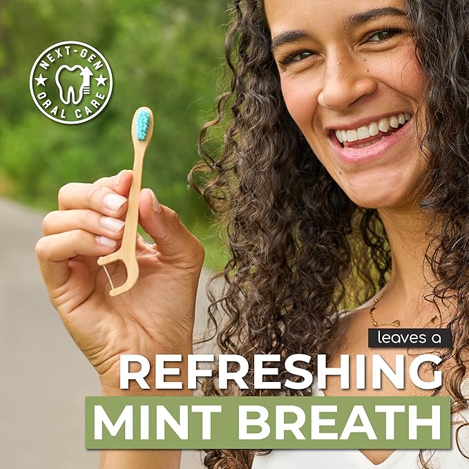 Brushee - 12 Pack Bamboo Toothbrushes Kit - 3-in-1 Travel Toothbrush with Flosser - Soft Eco-Friendly Disposable Toothbrushes with Toothpaste Fresh Mint Flavored - Individually Wrapped for Travel