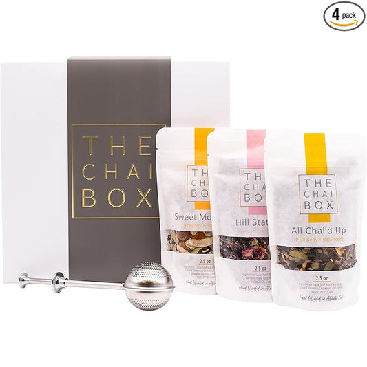 The Chai Box Top Selling Loose Leaf Tea Gift Set - Featured in Oprah's Favorite Things | 3-Flavor Caffeinated Chai Tea Gift Box with Stainless Steel Steeper (3 Pack) | Small Batch Loose Leaf Tea with Whole, Premium Spices