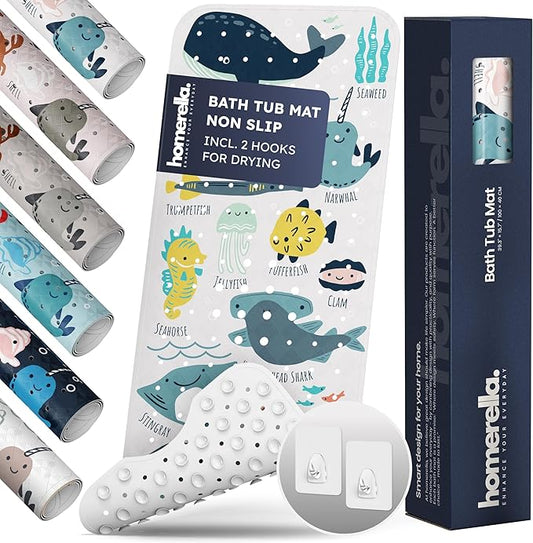 Bath Tub Mat Non Slip Anti Mold for Kids BPA Free INCL Hooks - homerella® Ocean Sea Animals 40x16, Baby Bath Mat Non Slip 200 Suction Cups, Non Toxic Machine Washable Toddler Bath Mat, EU Certified