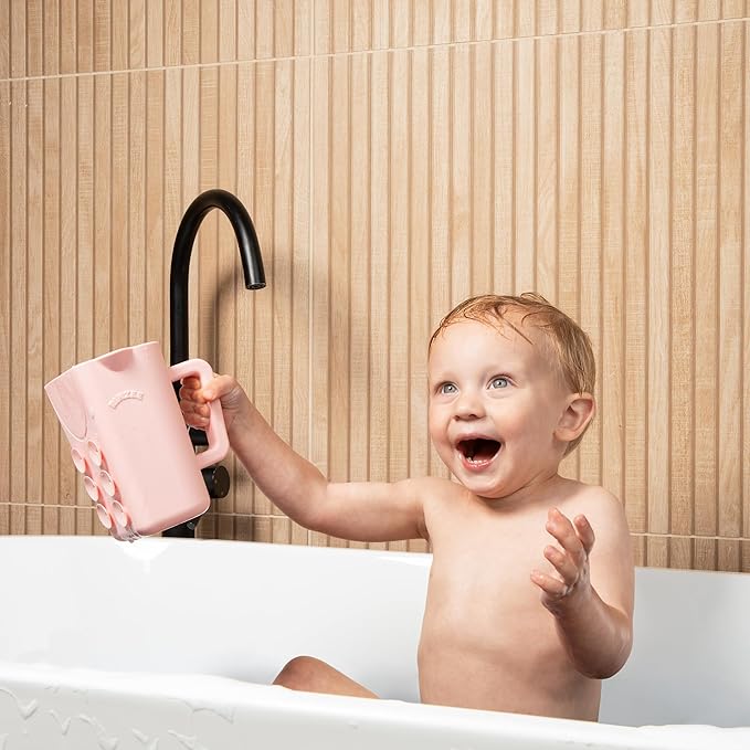 Baby Bath Cup with Suctions - BPA Free, 100% Food Grade Silicone Rinse Cup, Clutter-Free Tub Area, Kids Learning Tool, Sticks to Tiles, Drains Water Upside Down-"Patent Pending"
