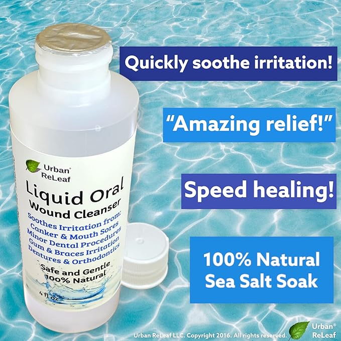 Urban ReLeaf Liquid Oral Wound Cleanser ! Soothe Irritation. Fast Relief! 100% Natural Sea Salt Soak. 4 oz, Ready to use. Dental Work, Braces, Mouth, Gum and Canker sores, Orthodontics, dentures.