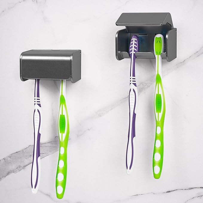 2 PCS Toothbrush Holder Wall Mounted with Cover for Bathroom, 2 Slots Toothbrush Storage Organizer for Shower, Self Adhesive Toothbrush Hanger Rack for Dorm, Cabinet (Brushed Grey)