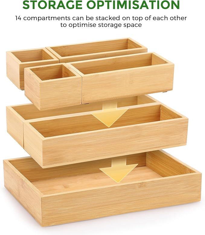 Bamboo Drawer Organizer Set, 14 PCS Multi-Use Individual Wood Storage Organizers, Junk Drawer Divider and Storage Trays Containers for Kitchen, Bathroom, Office Desk, Makeup, Jewelry, Utensils