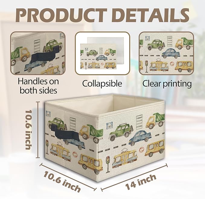 Car Boy Foldable Storage Bins Box with Handles, Transport Vehicles Collapsible Toys Books Clothes Organizer Basket for Kids Boys Toddler Bedroom Bathroom Nursery