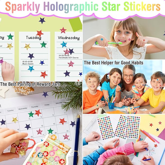 Herda Personalized Magnetic Reward Jar with 420 Pcs Holographic Stars Stickers - Responsibility Chart for Classroom Board, Home Routine Training & Kids Positive Behavior Management Tool(42Pcs Stars)