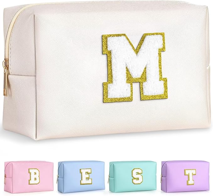 TOPEAST Monogrammed Gifts for Women, Preppy Makeup Bag Small Cosmetic Bag Travel Toiletry Bag, Personalized Birthday Gift for Girl, Wedding Bridal Shower Gifts for Bridesmaids (White M)