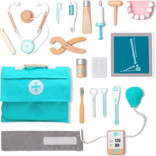 UMU® Wooden Doctor Kit for Kids – 18 pcs Doctor and Dentist Play Set for Toddlers with Stethoscope, Syringe, Tooth Model & More – Medical Pretend Play Toy for Boys and Girls Ages 3 4 5 6
