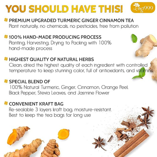 TOG999, 200 Bags Premium Turmeric Ginger Cinnamon Tea. Upgraded Version. Improve Digestion, Support Brain, Weight, Skin and Sleep. Eco-Conscious Tea Bags. No Sugar, No Caffeine, No Gluten, Vegan.