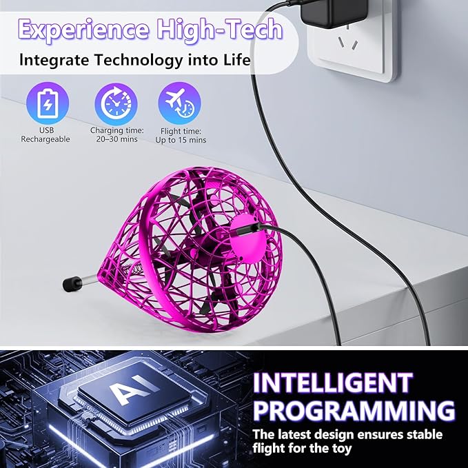 Tikduck 2025 Flying Bouncing Ball Toy - USB Rechargeable, Hand-Controlled with 3D Flips & Multi-Player Fun - Interactive Orb Toy for Kids, Teens & Adults - Indoor & Outdoor Play (Purple)