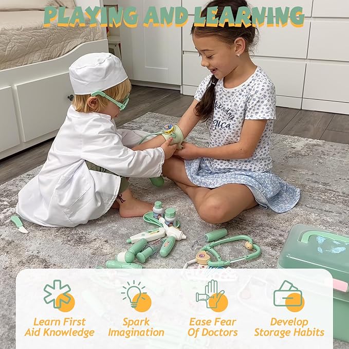 Liberry Doctor Kit for Toddlers 3 4 5 Years Old, 30-Piece Kid Doctor Toy with Stethoscope, Costume, Green Medical Pretend Play for Girls Boys