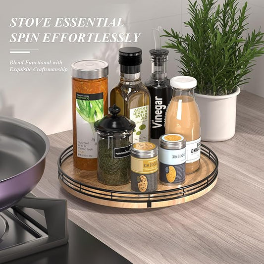 12" Lazy Susan Oak Wood Turntable Organizer for Cabinet, Farmhouse Round Wooden Lazy Susan Organization and Storage for Dining Table, Pantry, Kitchen, Bathroom, Countertop, Cupboard, Home Decor