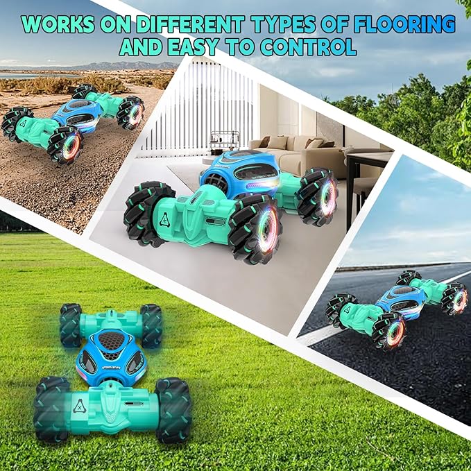 Remote Control Car for Boys - RC Cars for Boy Age 4-12, Gesture Sensing RC Stunt Drift Car for Kids Toys 4 5 6 7 8 9 10 11 12 Year Old Boy Birthday with Cool Lights Music (Blue)