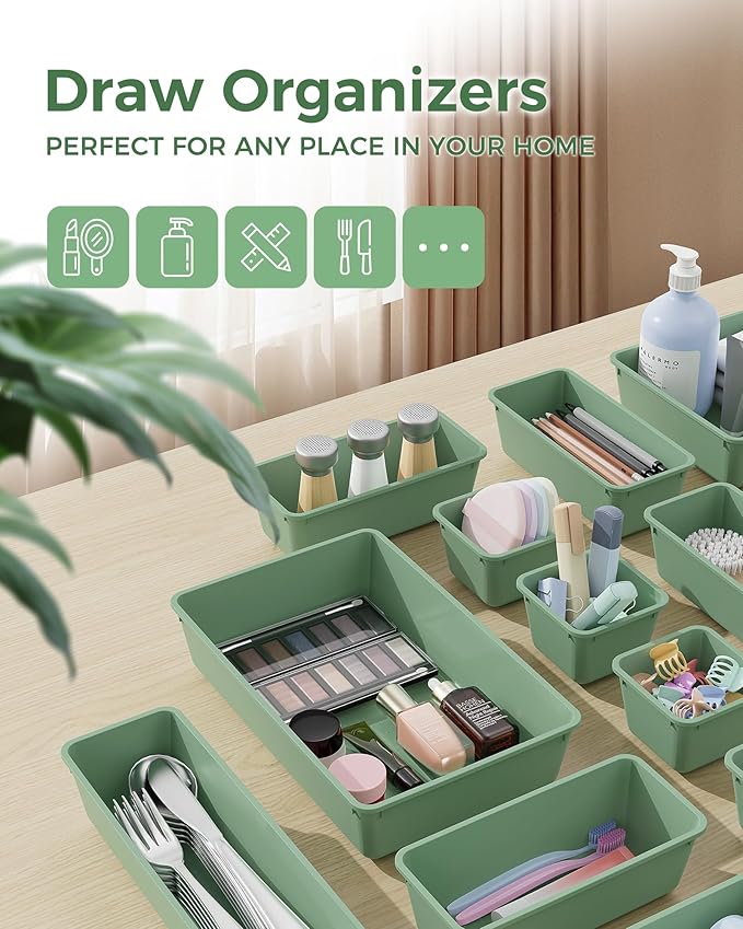 25 PCS Plastic Drawer Organizers Set, 4-Sizes Vanity and Makeup Organizer, Desk and bathroom Drawer Organizer Trays, Organizers and Storage for Makeup, Jewelry, Gadgets, Utensils (Green)